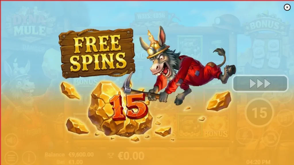Tampilan visual slot Dyna Mule dengan latar belakang gua tambang dan simbol-simbol bertema eksplosif.